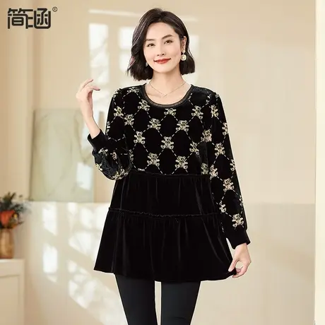 简涵大码女装2023秋装新款加大加肥洋气烧花金丝绒长袖胖mm上衣图片
