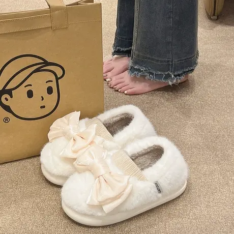 保暖棉拖鞋女冬季室内居家毛绒月子鞋防滑厚底甜美蝴蝶结包跟棉鞋商品大图