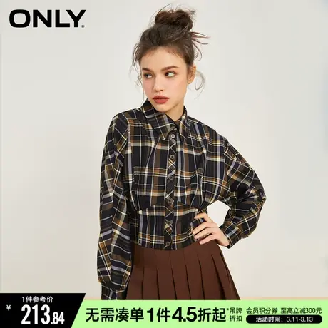 ONLY冬季时尚复古蝙蝠袖POLO领格子衬衫女|123105012商品大图