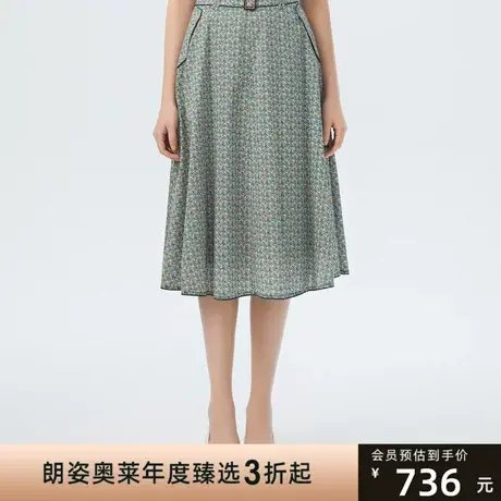 朗姿夏季薄款收腰纯棉植物印花通勤风A字裙女式半裙商品大图