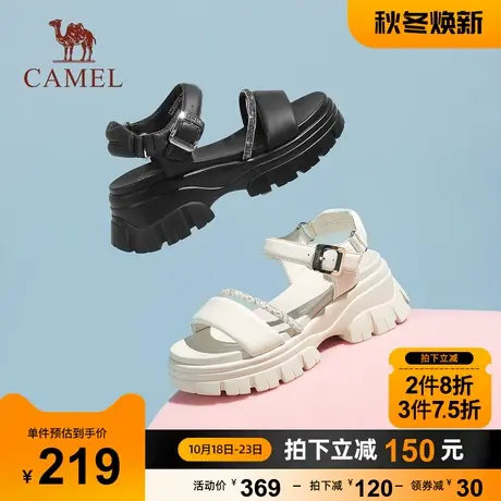 骆驼女鞋2023夏季新款一字带凉鞋女休闲沙滩鞋羊皮厚底增高凉鞋女图片