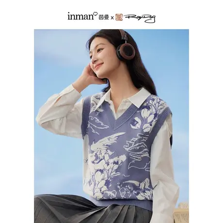 茵曼x米雷联名系列毛衣2023秋女装新款V领提花宽松内穿外搭小背心商品大图