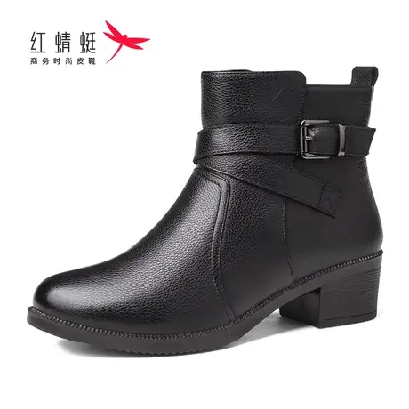 红蜻蜓女鞋女靴秋冬新款牛皮粗跟马丁靴女短靴保暖加防滑透气皮鞋商品大图