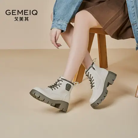 戈美其厚底马丁靴女2023新款冬季加绒短筒女靴炸街显瘦系带工装靴图片