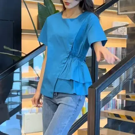 2023夏季新款不规则短袖T恤女拼接下摆设计感小众小衫宽松上衣潮商品大图