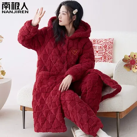 睡衣冬季女加绒加厚三层加厚夹棉秋冬款冬天红色高端睡袍冬款女款商品大图