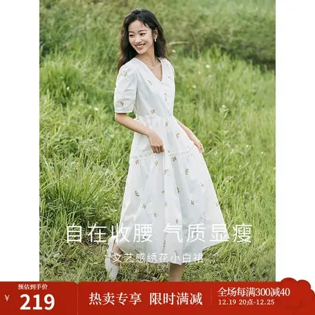 茵曼清新连衣裙2023夏女装新款V领泡泡袖收腰木耳边绣花中长裙图片