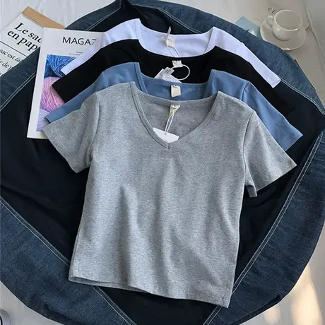 辣妹灰色不规则V领正肩短袖T恤2023夏季设计感修身短款上衣女ins商品大图
