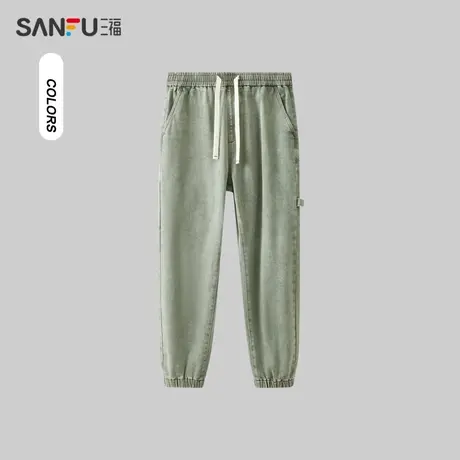 三福2023冬男士宽松慢跑牛仔裤 时尚飘带橡筋腰长裤男476225商品大图