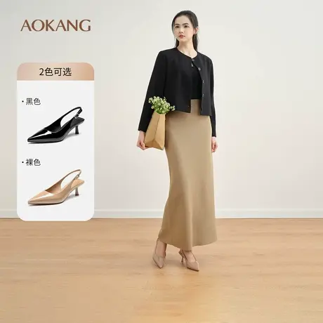 奥康 女鞋2025夏季穆勒鞋尖头亮面漆皮优雅后空凉鞋细高跟鞋图片