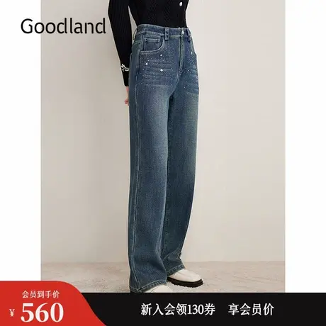 Goodland美地女装2024冬季新款复古长裤直筒烫钻牛仔裤图片