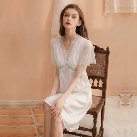 睡裙夏季女2025新款冰丝睡衣性感蕾丝仿真丝薄款带胸垫丝绸家居服商品大图