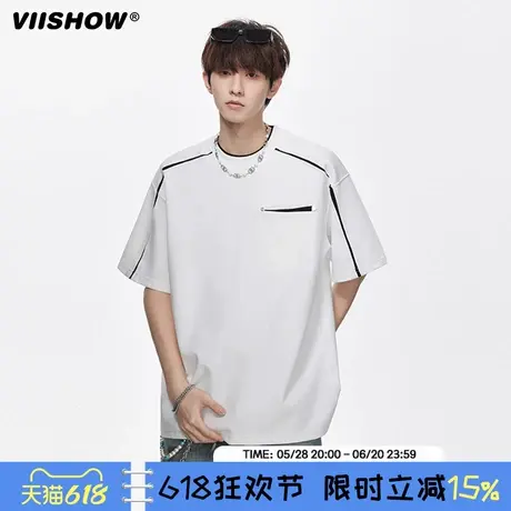 VIISHOW美式拼接设计感短袖男夏季潮cleanfit五分袖宽松百搭t恤衫商品大图