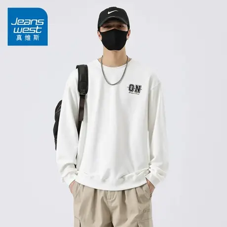 KZH真维斯白色印花长袖卫衣男士春季新款宽松显瘦上衣潮牌打底衫t图片
