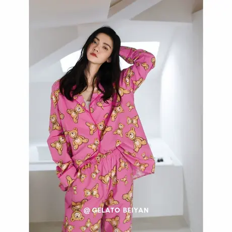 贝妍睡衣女春秋季新款莫代尔棉长袖家居服可爱小熊女大码开衫套装商品大图