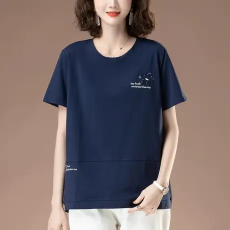 夏季新款短袖t恤女加肥加大码女装宽松中年妈妈刺绣纯棉显瘦体恤商品大图