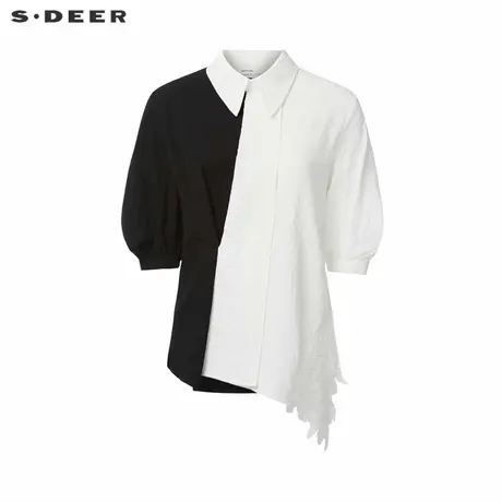 sdeer圣迪奥女装复古翻领撞色拼接绣花中袖衬衫S24280414商品大图