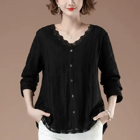 蕾丝衫女春秋新款加肥加大码女装宽松中年妈妈显瘦遮肚V领打底衫商品大图