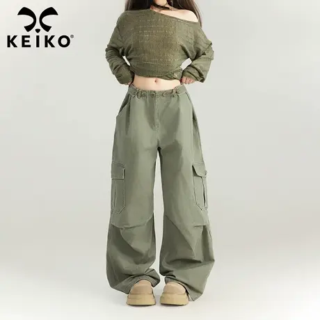 KEIKO 复古水洗军绿色阔腿工装裤25早秋中性风宽松直筒伞兵长裤子商品大图
