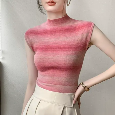 渐变条纹无袖针织衫女秋季新款修身显瘦多巴胺穿搭半高领打底上衣商品大图