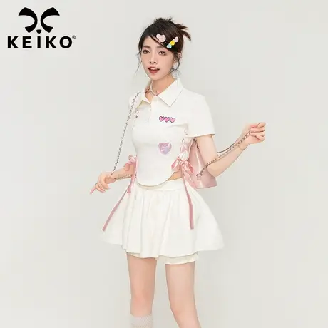 KEIKO 少年感白色正肩t恤夏季甜辣妹绑带修身短款polo衫短袖上衣图片