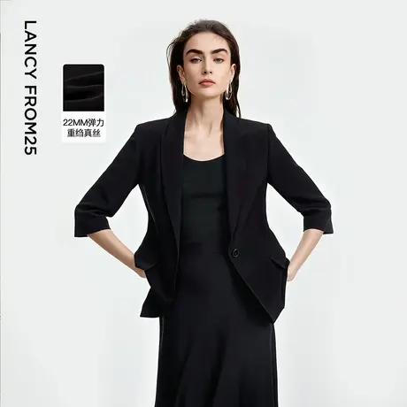 朗姿桑蚕丝七分袖戗驳领黑色西装通勤高级感西服2025年秋季新款女商品大图