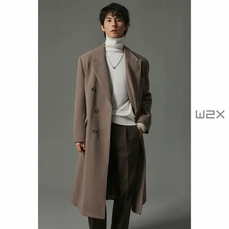w2x秋冬季枪驳领设计大长款毛呢大衣重磅加厚呢子外套宽松妮风衣图片