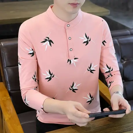 纯棉立领长袖T恤男POLO衫韩版潮流时尚休闲2025秋季新款印花上衣商品大图
