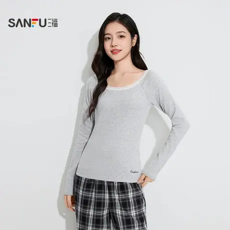 三福女秋季BM风蕾丝圆领打底衫单衣 甜美柔软长袖上衣507905商品大图
