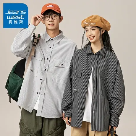 N5真维斯男士长袖衬衫2025新款秋季美式情侣外套上衣男生休闲衬衣商品大图
