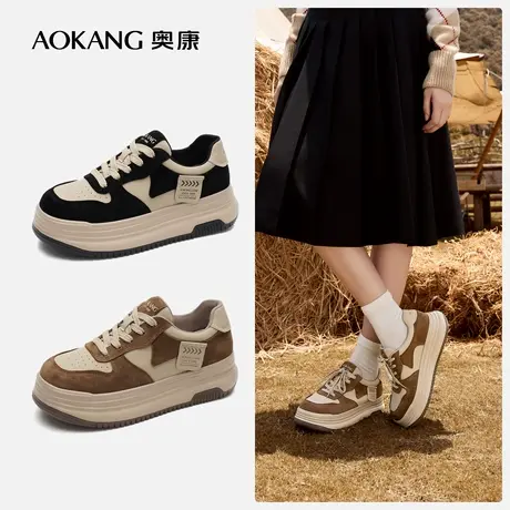 【门店发货】奥康女鞋秋新款厚底系带时尚百搭学生休闲板鞋商品大图