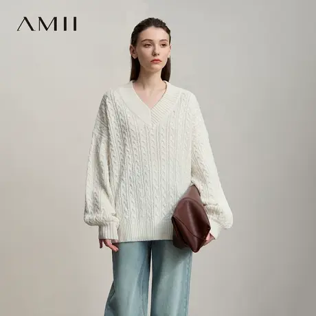Amii2025冬新款极简纯色宽松弹力落肩袖扭花麻花V领套头毛衣女商品大图