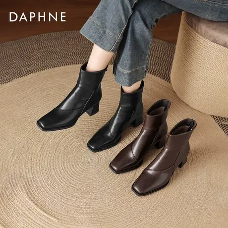 达芙妮粗跟短靴女2026新款冬季加绒方头马丁靴英伦风瘦瘦切尔西靴商品大图