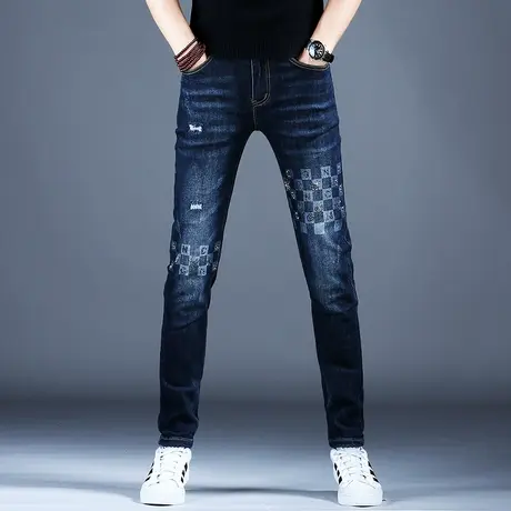 秋季破洞印花高档轻奢牛仔裤男款修身小脚2023新款裤子男高端潮牌商品大图