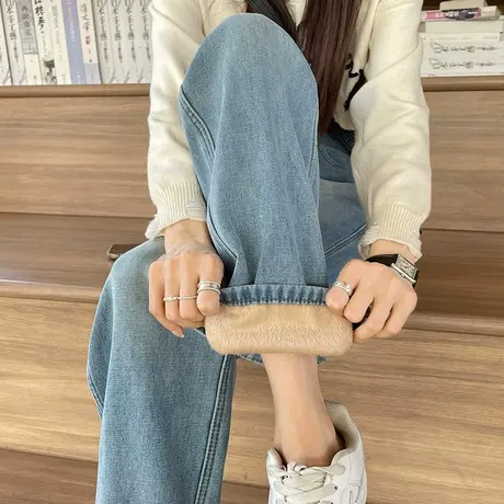 浅蓝色加绒牛仔裤女秋冬季新款高腰显瘦小个子加厚拖地窄版阔腿裤商品大图