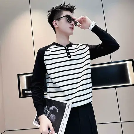 轻熟风撞色条纹长袖针织衫上衣男秋冬季个性新款ins小众内搭线衣商品大图