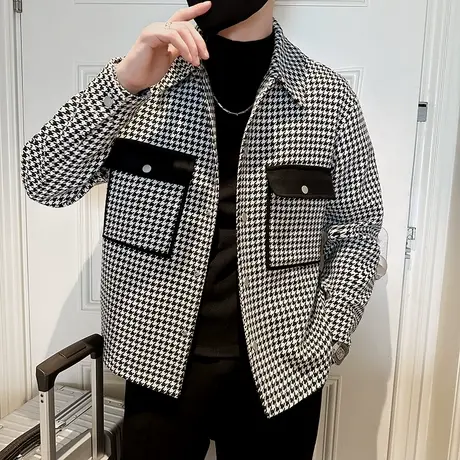 2023秋冬新款男士呢子翻领小外套男潮修身千鸟格拼色口袋夹克上衣图片