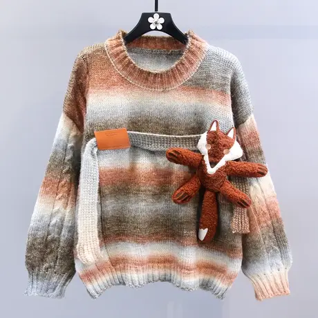 复古卡通撞色条纹毛衣女秋冬2023新款宽松慵懒风设计感针织衫上衣图片