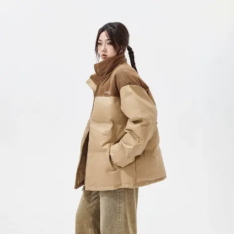 复古灯芯绒拼接PU皮棉服女加厚冬季外套2023新款潮牌宽松保暖棉衣商品大图