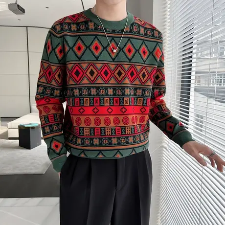 毛衣男秋冬款轻熟拼色几何提花设计感圆领套头针织衫潮牌内搭线衣图片