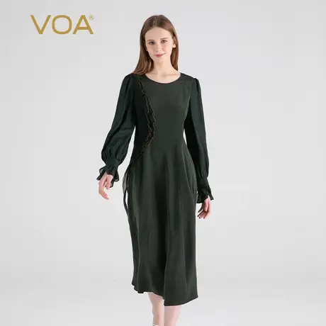 VOA重磅真丝拼接提花丝绸圆领喇叭长袖对丝工艺活页装饰连衣裙图片