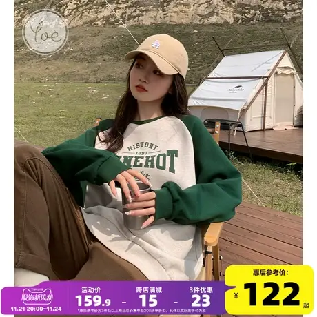 yoe春装美式复古圆领卫衣女撞色拼接墨绿色加绒设计感女款上衣ins图片