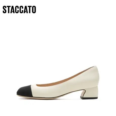 思加图新款通勤小香风方头粗跟单鞋中跟鞋女皮鞋EE102CQ2商品大图