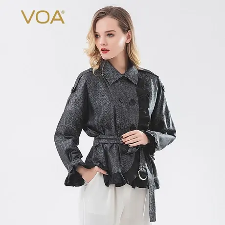 VOA色织提花桑蚕丝翻领肩章系带收腰长袖木耳边双排扣真丝短外套图片