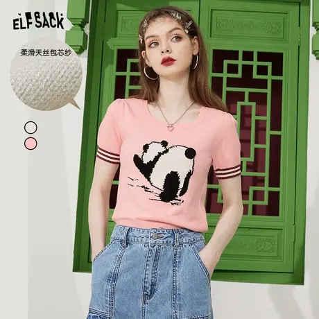 妖精的口袋白色短袖针织衫女2023夏季新款修身显瘦小个子短款上衣商品大图
