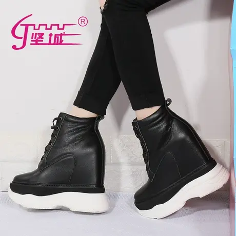 14cm内增高马丁靴女秋冬全牛皮厚底短靴加绒棉鞋真皮松糕跟老爹鞋商品大图