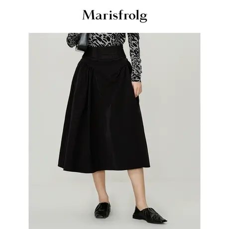 【商场同款】玛丝菲尔春季新款黑色经典通勤赫本风中长款半身裙女商品大图