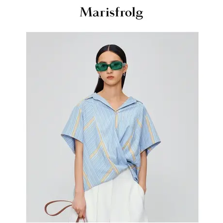 玛丝菲尔夏季显瘦廓形小众设计感条纹短袖衬衫女商品大图