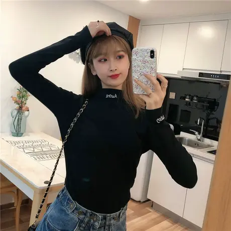 黑色半高领修身内搭女2023年新款洋气韩版紧身上衣长袖t恤打底衫商品大图