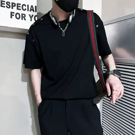 重磅潮流夏季短袖t恤2023新款潮男痞帅设计感纯色发型师半袖体恤商品大图